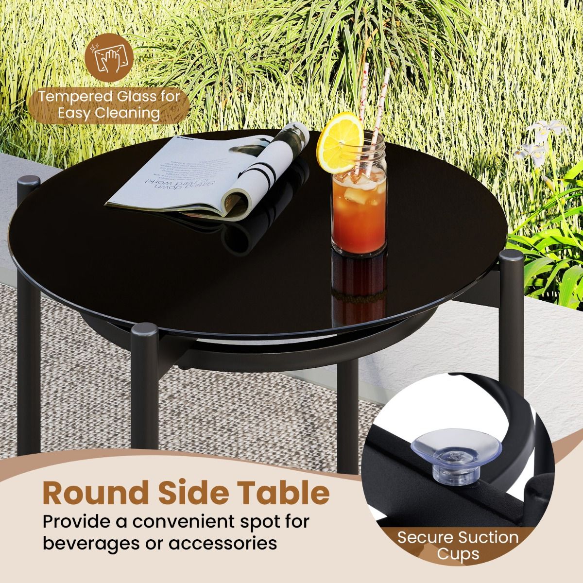 3 Pieces PE Wicker Outdoor Bistro Set with Tempered Glass Coffee Table