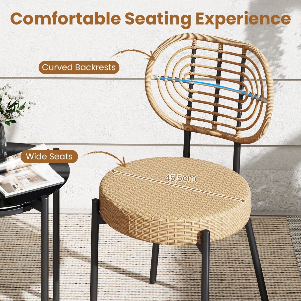 3 Pieces PE Wicker Outdoor Bistro Set with Tempered Glass Coffee Table