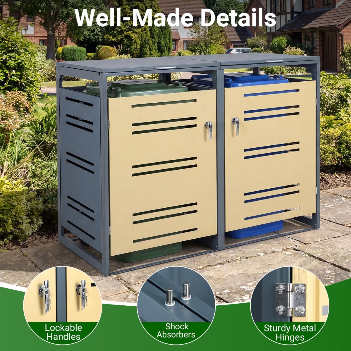 Outdoor Metal Garbage Bin Storage Shed with Gas Strut and Shock Absorber