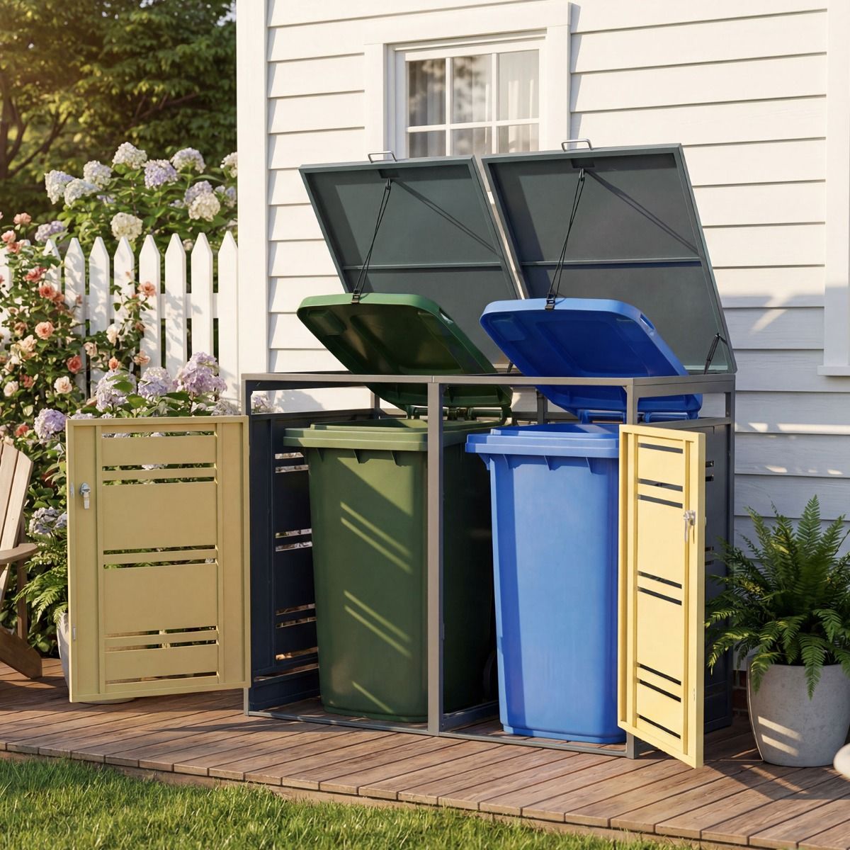 Outdoor Metal Garbage Bin Storage Shed with Gas Strut and Shock Absorber