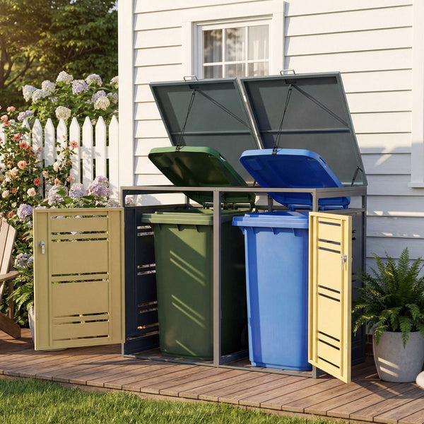Outdoor Metal Garbage Bin Storage Shed with Gas Strut and Shock Absorber