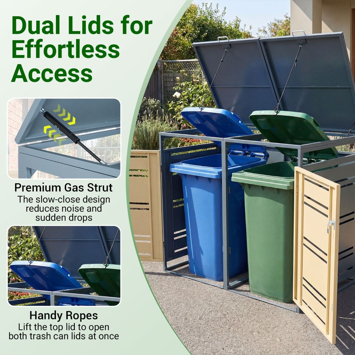 Outdoor Metal Garbage Bin Storage Shed with Gas Strut and Shock Absorber