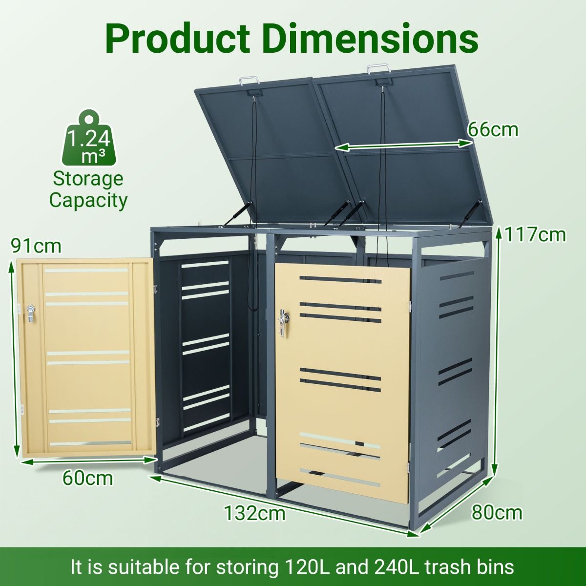 Outdoor Metal Garbage Bin Storage Shed with Gas Strut and Shock Absorber