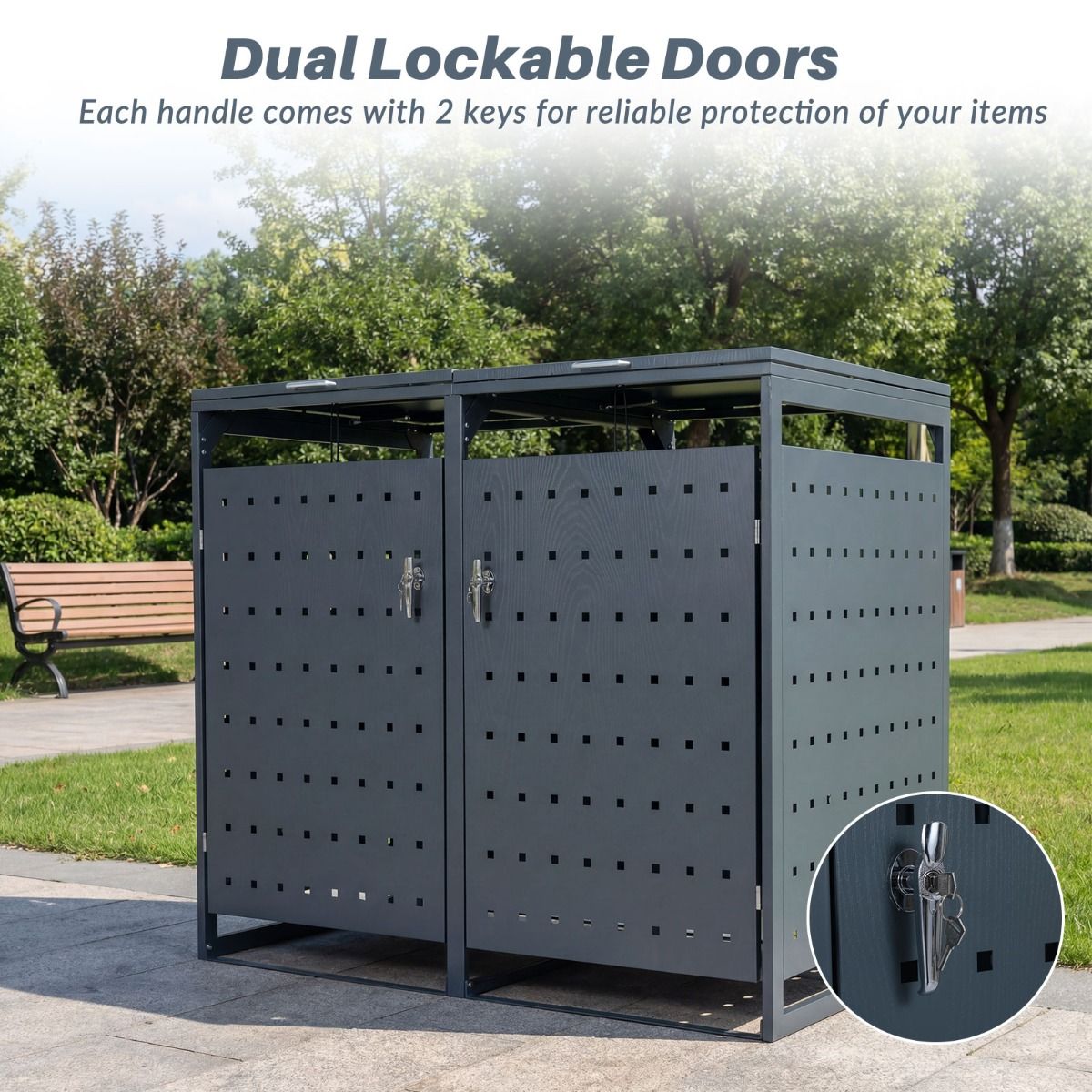 Outdoor Metal Garbage Bin Storage Shed for 2 Trash Cans with Lockable Doors