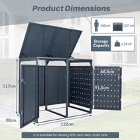 Outdoor Metal Garbage Bin Storage Shed for 2 Trash Cans with Lockable Doors