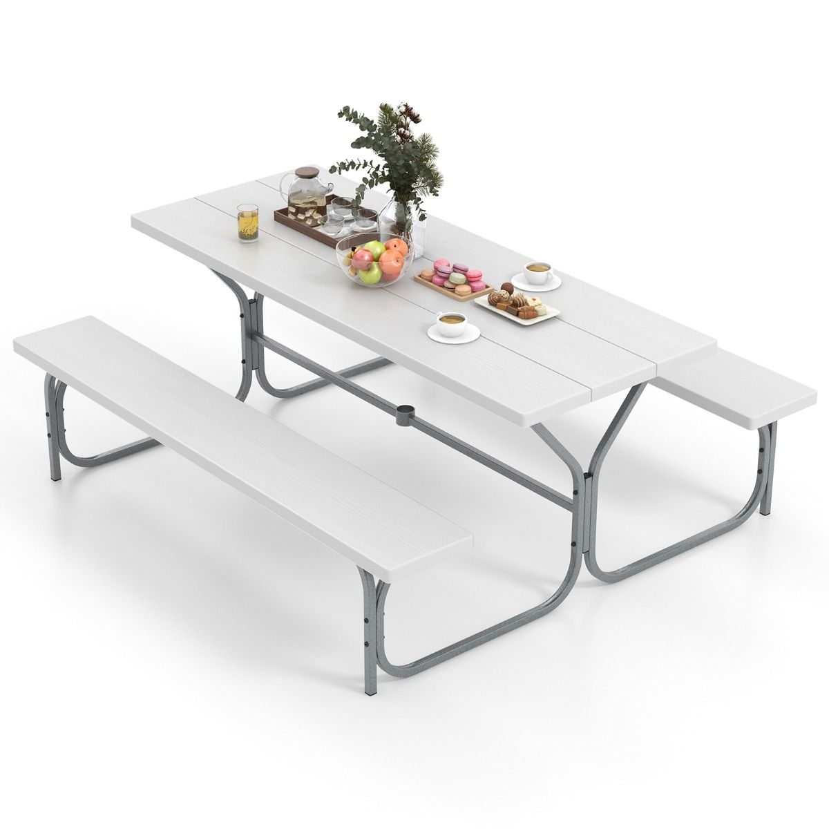 Outdoor Picnic Table Bench Set with HDPE Tabletop and Umbrella Hole