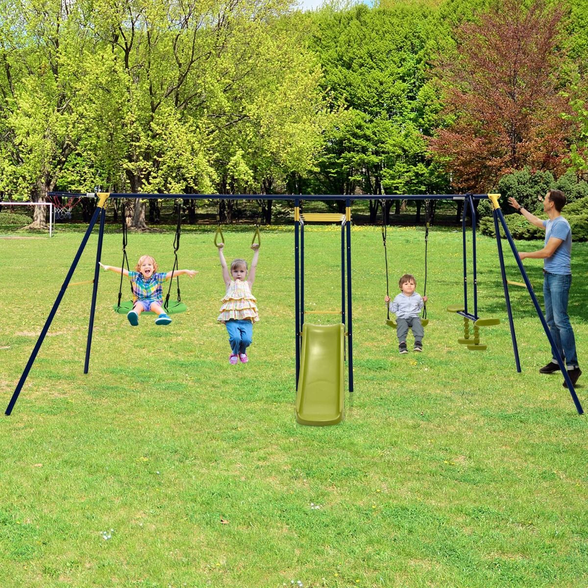 7-in-1 Outdoor Swing Set with Ground Stakes for Garden/Backyard/Park