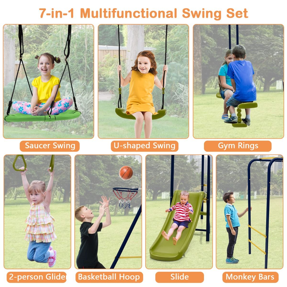7-in-1 Outdoor Swing Set with Ground Stakes for Garden/Backyard/Park