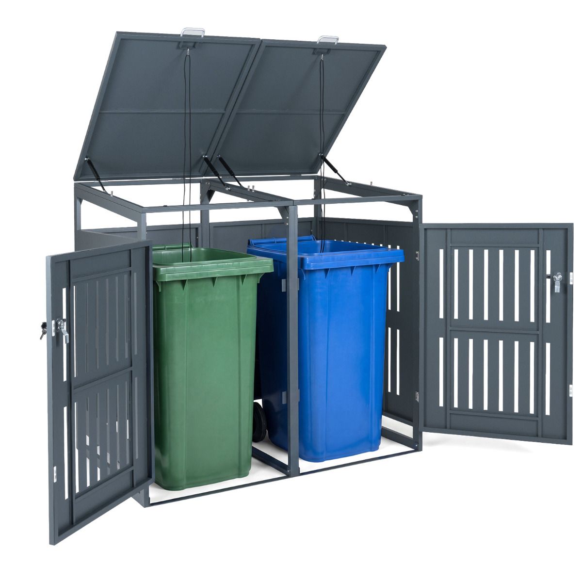 Outdoor Trash Can Storage Shed for 2 Bins with Gas Struts