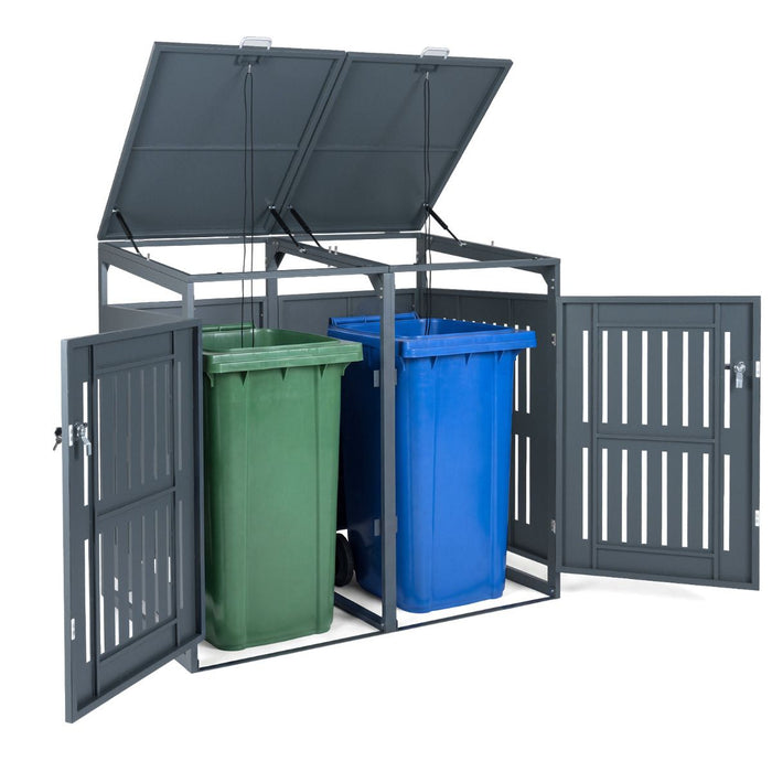 Outdoor Trash Can Storage Shed for 2 Bins with Gas Struts