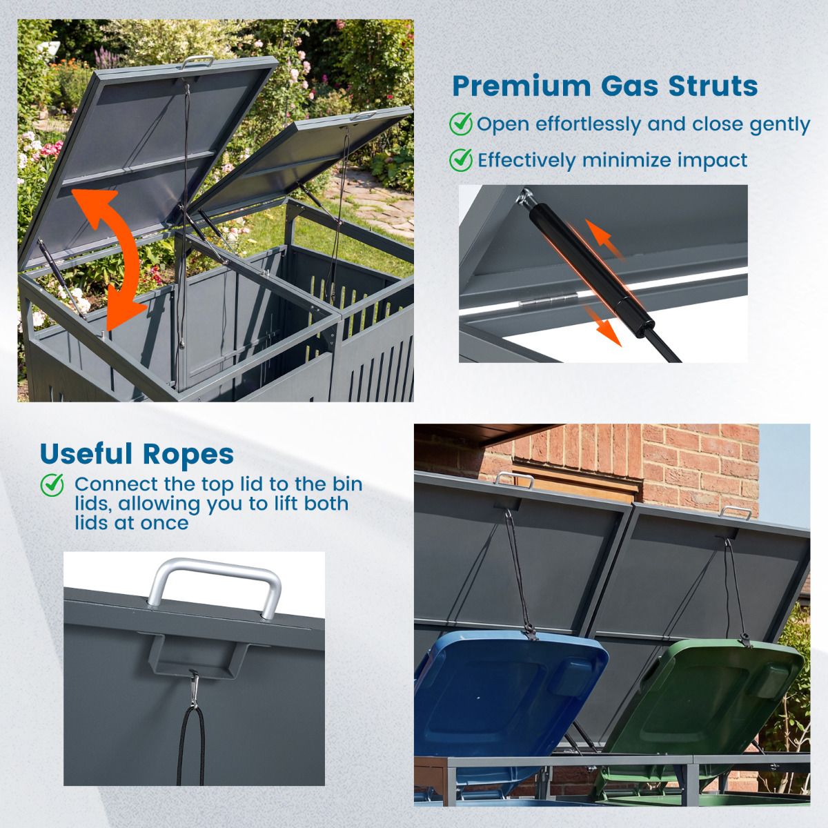 Outdoor Trash Can Storage Shed for 2 Bins with Gas Struts