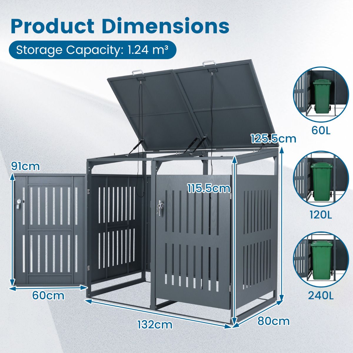 Outdoor Trash Can Storage Shed for 2 Bins with Gas Struts
