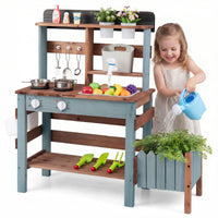 Outdoor Wooden Mud Kitchen Set Play Kitchen with Running Water Faucet Tank