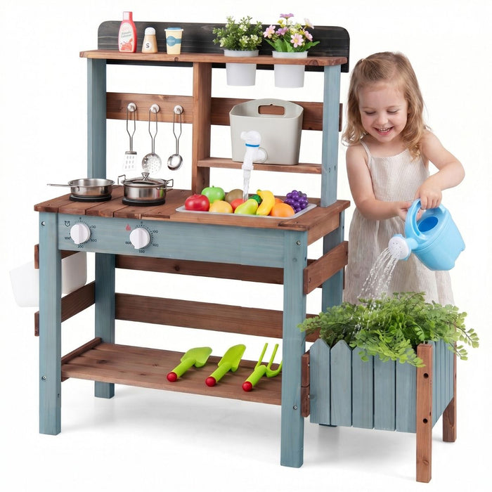 Outdoor Wooden Mud Kitchen Set Play Kitchen with Running Water Faucet Tank