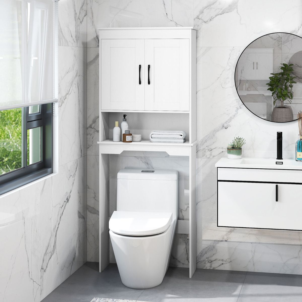Over The Toilet Storage Cabinet with 2 Doors and Adjustable Shelf