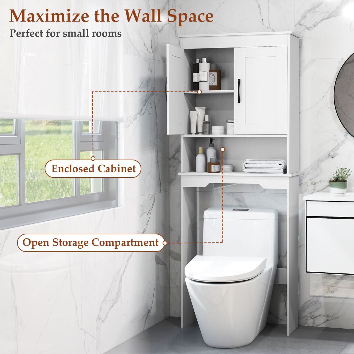 Over The Toilet Storage Cabinet with 2 Doors and Adjustable Shelf