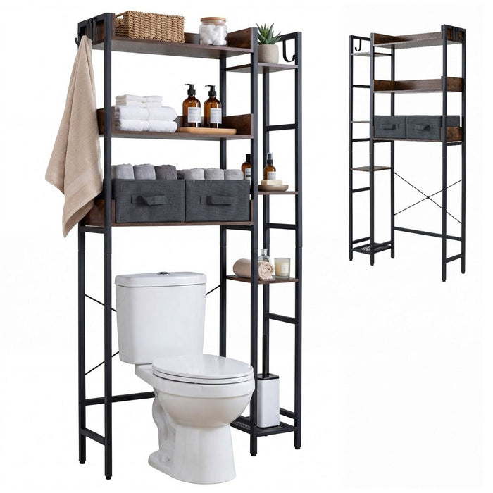 Over the Toilet Storage Rack with 2 Fabric Drawers and 4 Hooks for Bathroom