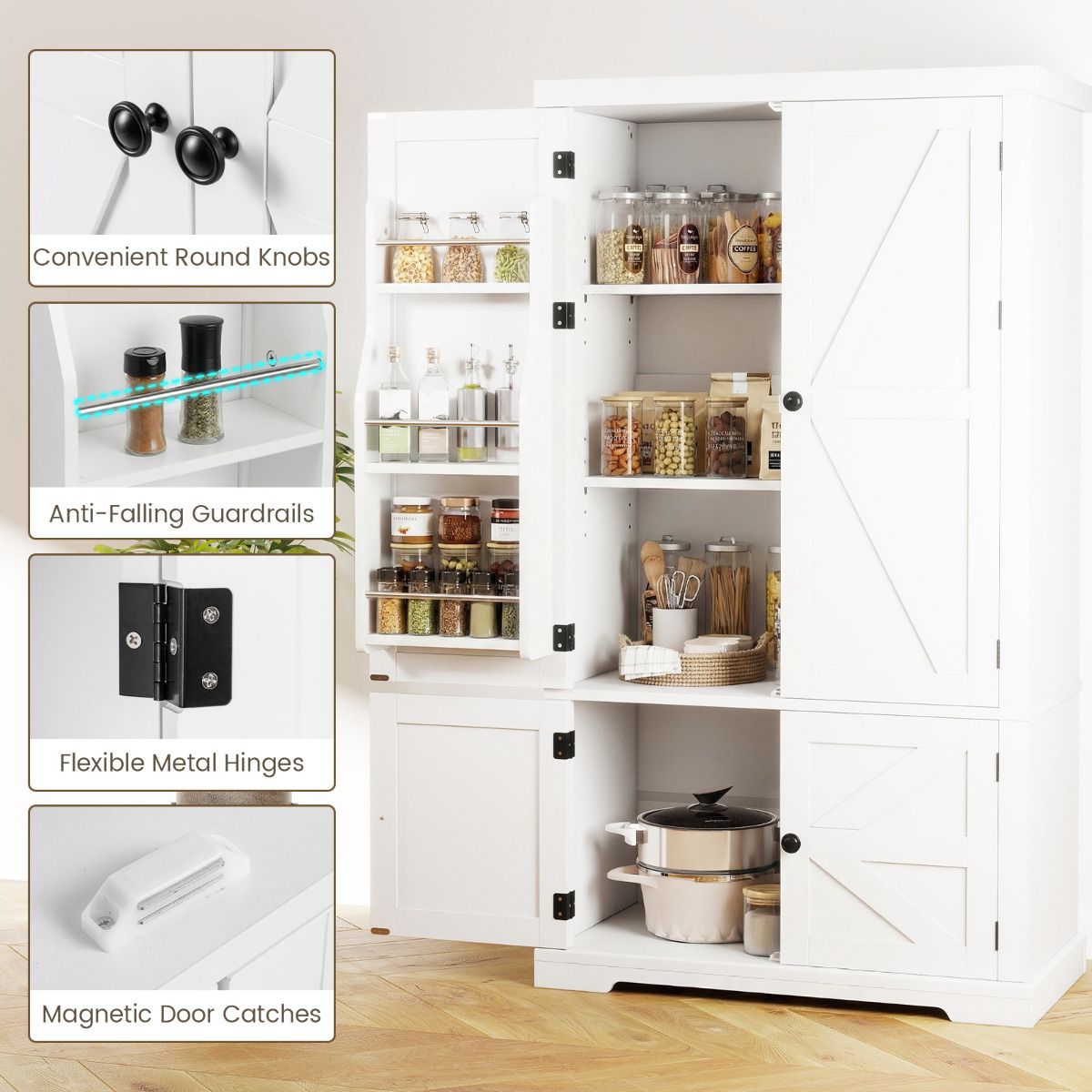 139cm Freestanding Pantry Cabinet with 4 Doors and Shelves