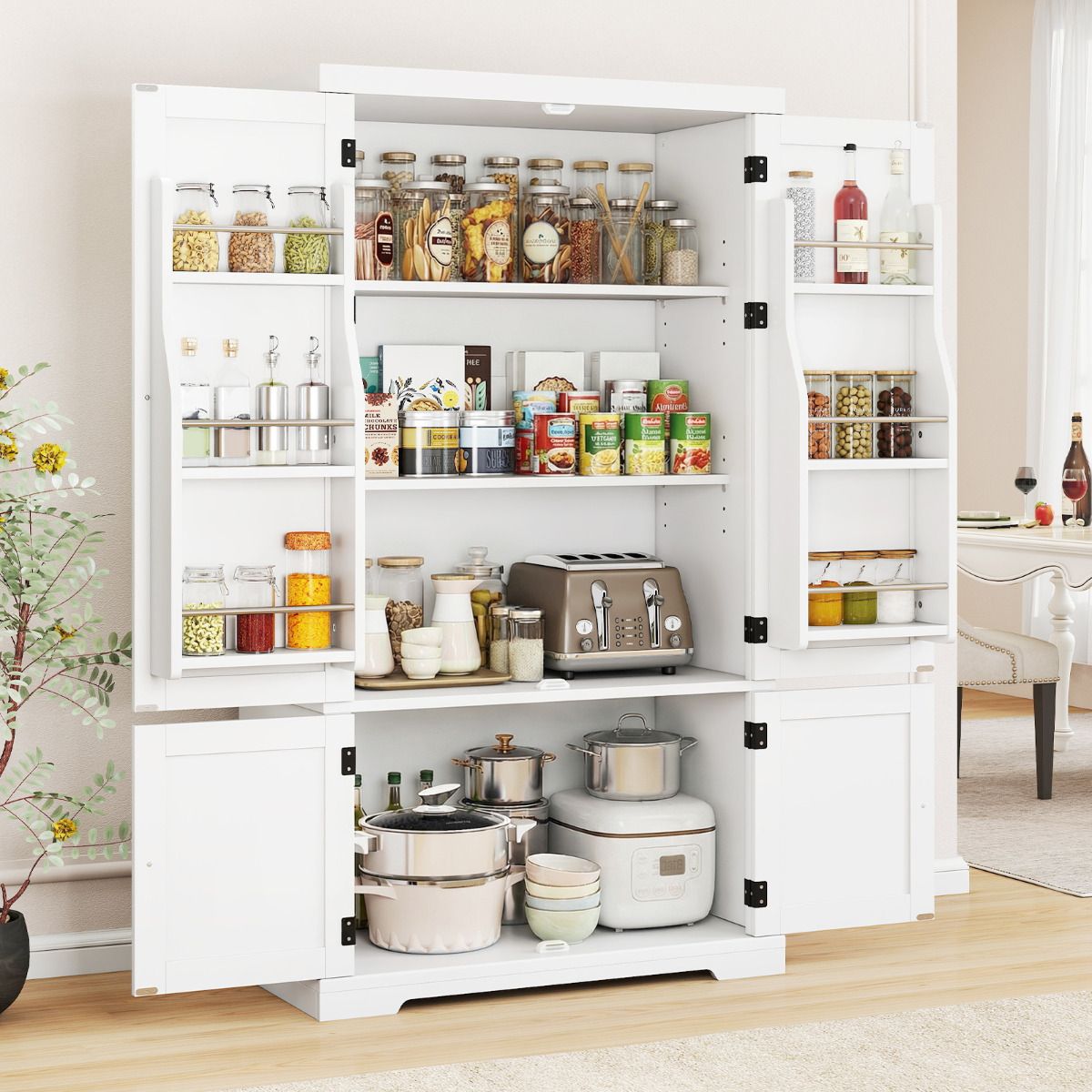 139cm Freestanding Pantry Cabinet with 4 Doors and Shelves