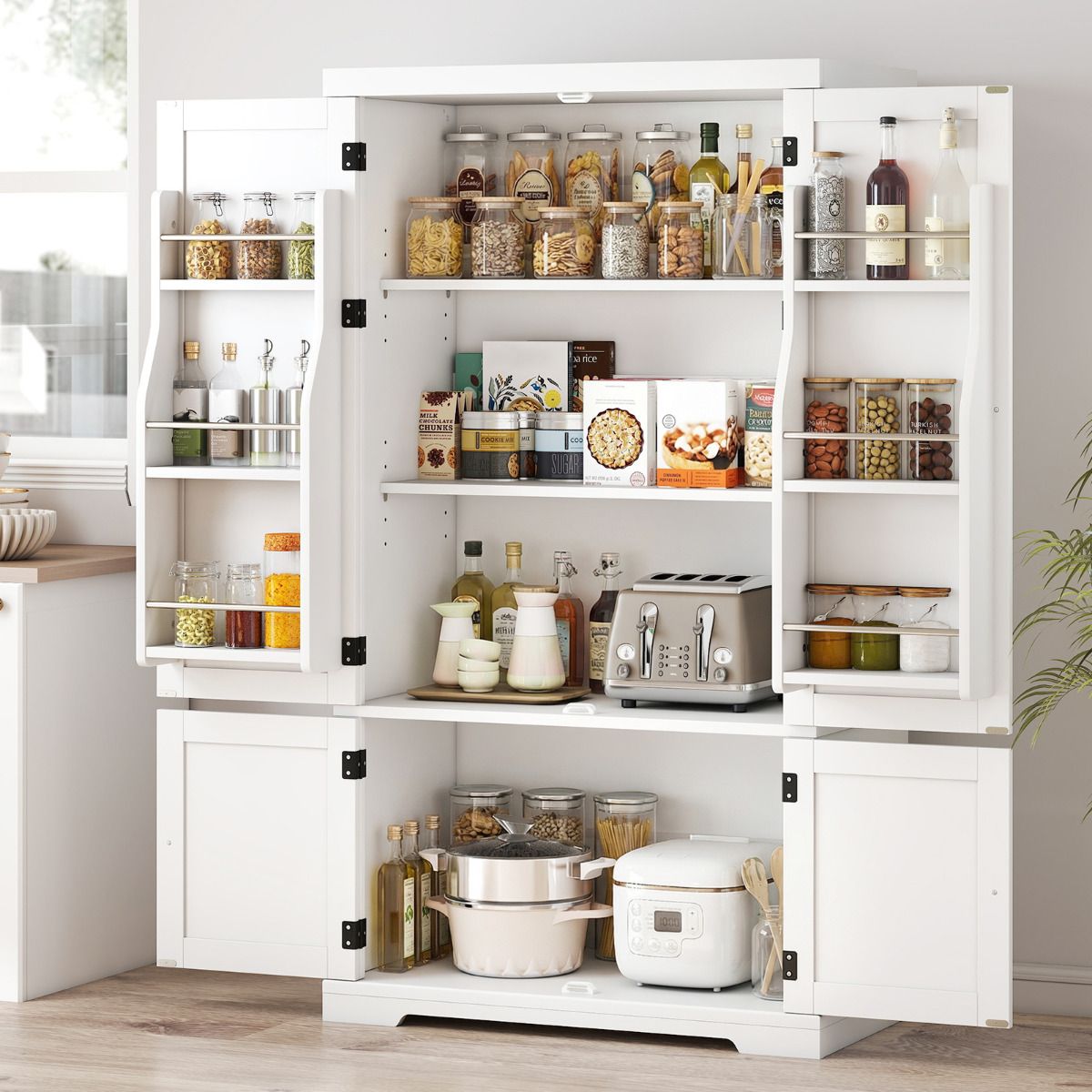 139cm Freestanding Pantry Cabinet with 4 Doors and Shelves