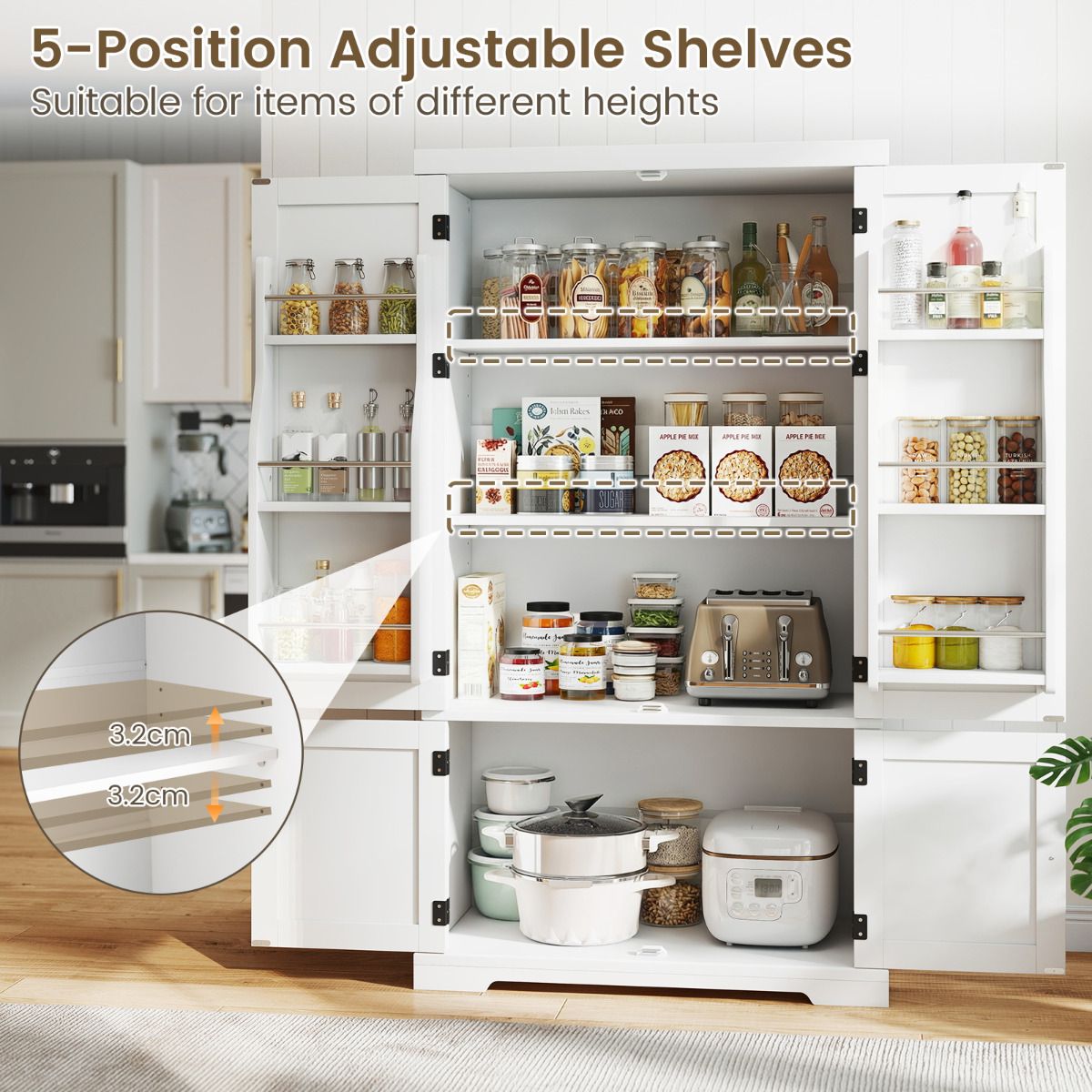 139cm Freestanding Pantry Cabinet with 4 Doors and Shelves