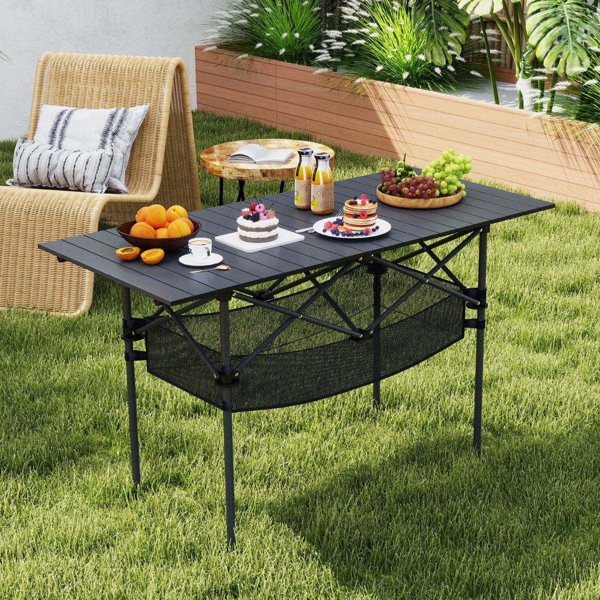 Patio Folding Camping Table Portable Picnic Table with Aluminum Roll-up Tabletop and Mesh Basket