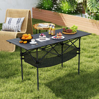 Patio Folding Camping Table Portable Picnic Table with Aluminum Roll-up Tabletop and Mesh Basket