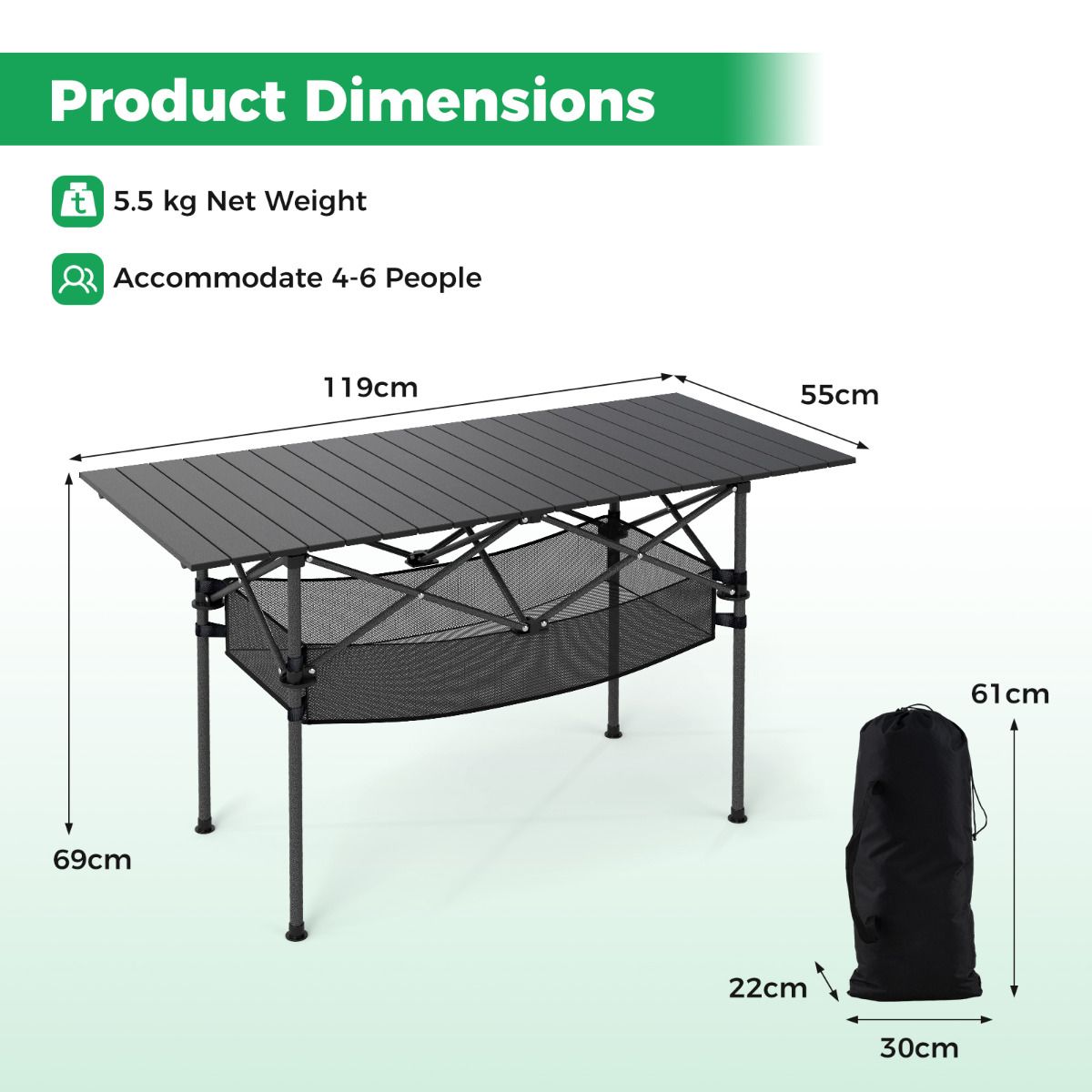 Patio Folding Camping Table Portable Picnic Table with Aluminum Roll-up Tabletop and Mesh Basket