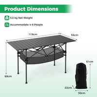 Patio Folding Camping Table Portable Picnic Table with Aluminum Roll-up Tabletop and Mesh Basket