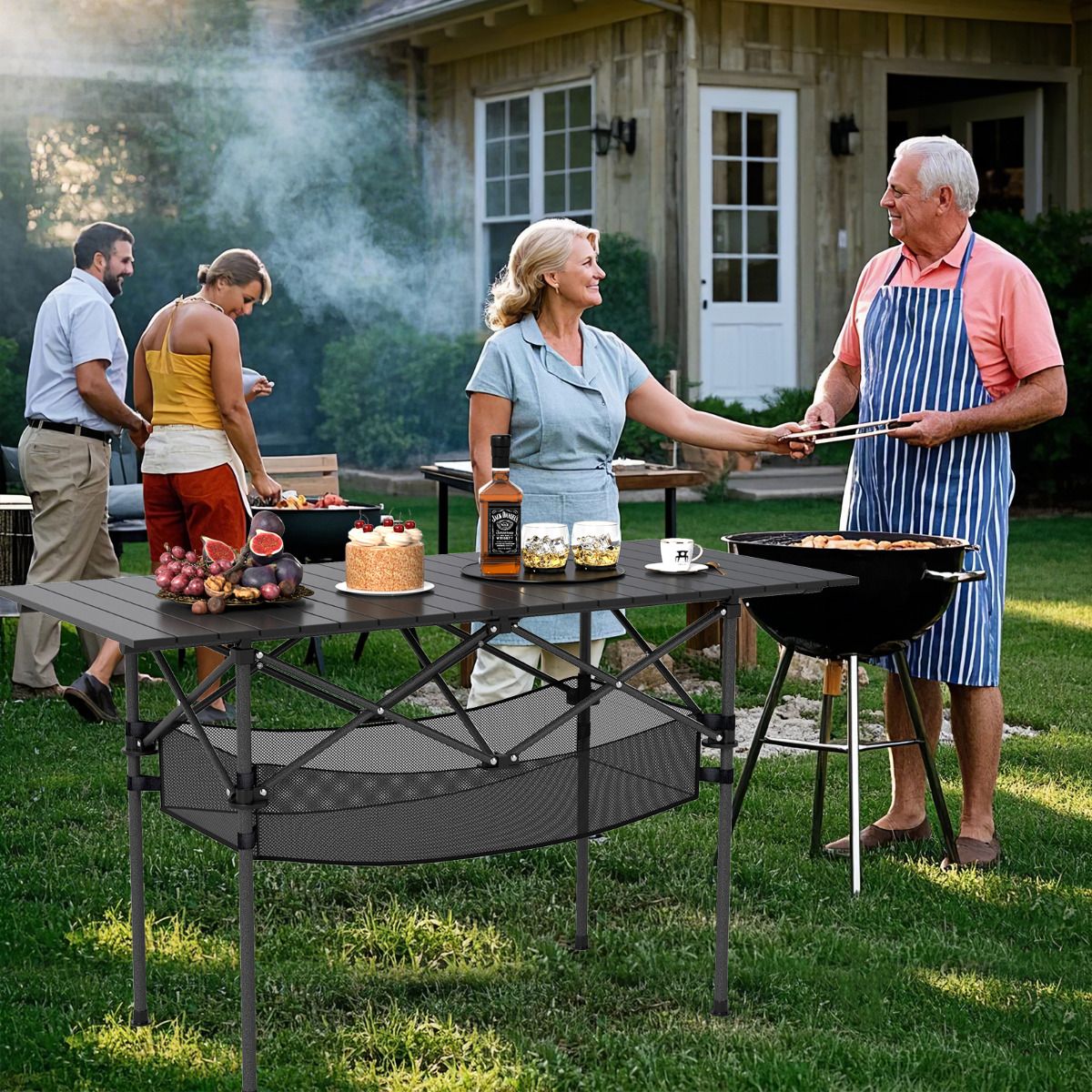 Patio Folding Camping Table Portable Picnic Table with Aluminum Roll-up Tabletop and Mesh Basket