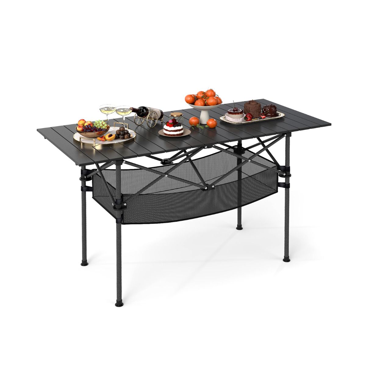 Patio Folding Camping Table Portable Picnic Table with Aluminum Roll-up Tabletop and Mesh Basket