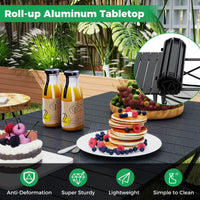 Patio Folding Camping Table Portable Picnic Table with Aluminum Roll-up Tabletop and Mesh Basket