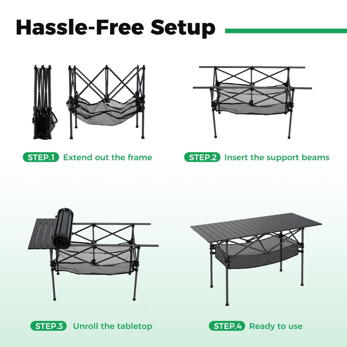 Patio Folding Camping Table Portable Picnic Table with Aluminum Roll-up Tabletop and Mesh Basket