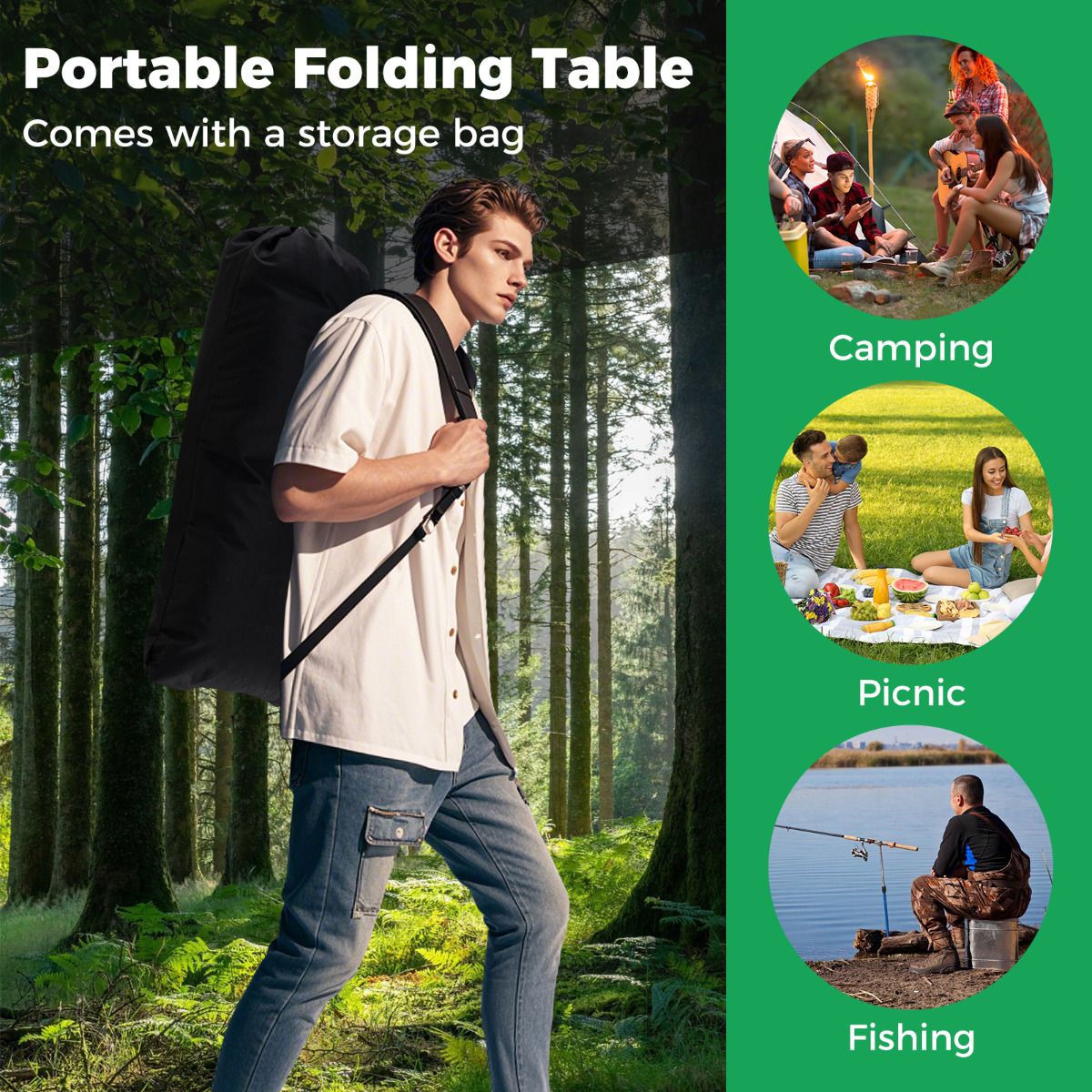 Patio Folding Camping Table Portable Picnic Table with Aluminum Roll-up Tabletop and Mesh Basket
