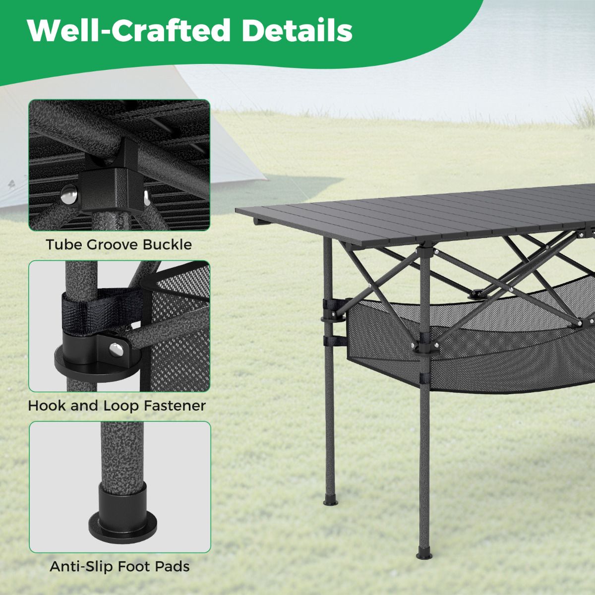 Patio Folding Camping Table Portable Picnic Table with Aluminum Roll-up Tabletop and Mesh Basket
