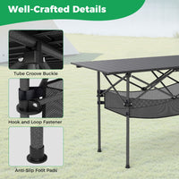Patio Folding Camping Table Portable Picnic Table with Aluminum Roll-up Tabletop and Mesh Basket