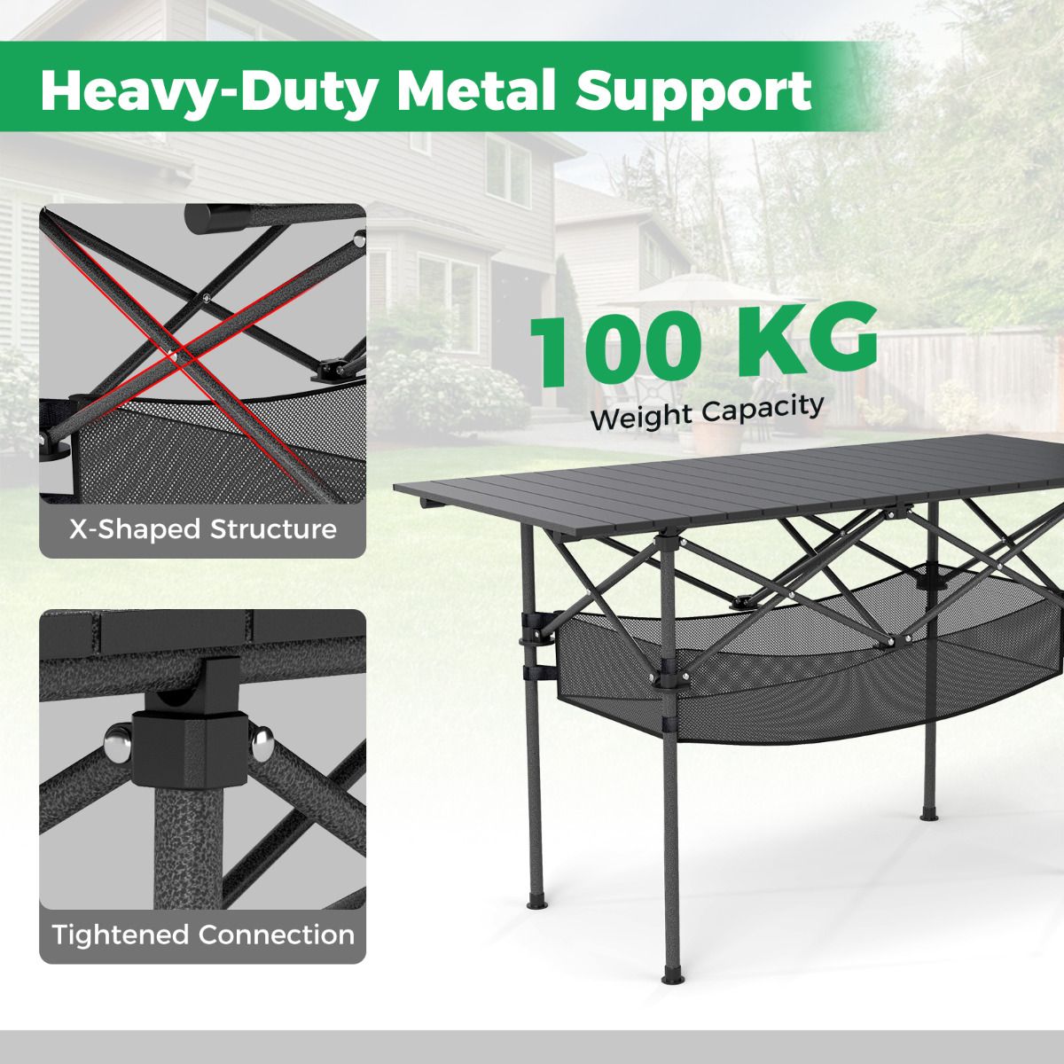 Patio Folding Camping Table Portable Picnic Table with Aluminum Roll-up Tabletop and Mesh Basket