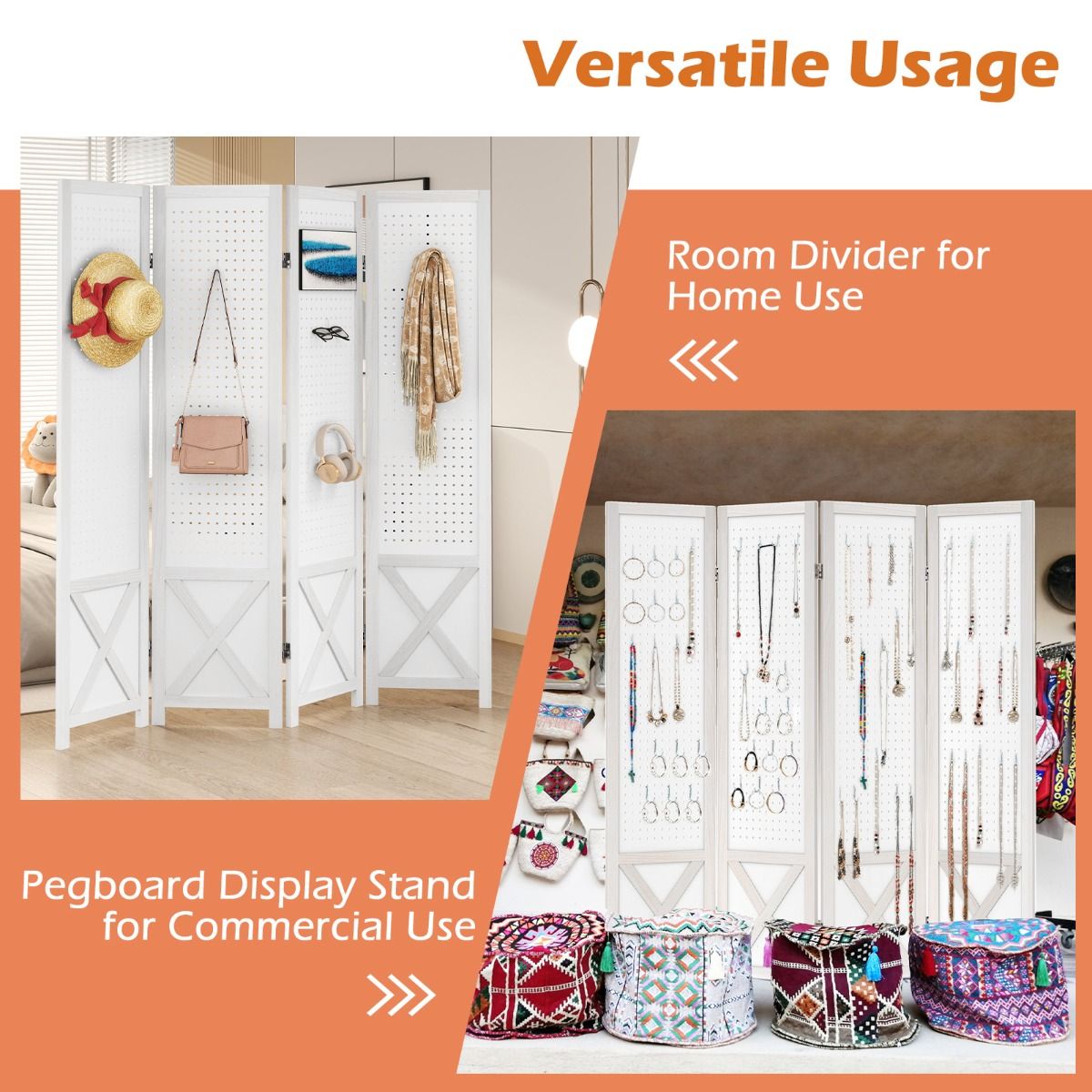 4-Panel Pegboard Room Divider with Solid Wood Frame and Metal Hinges