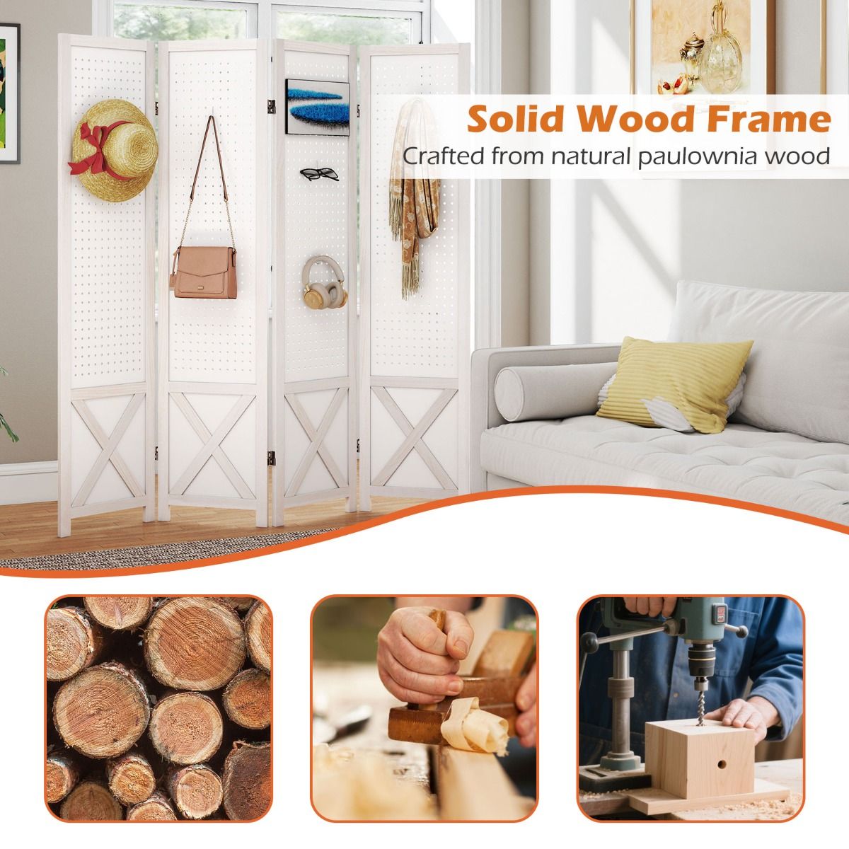 4-Panel Pegboard Room Divider with Solid Wood Frame and Metal Hinges