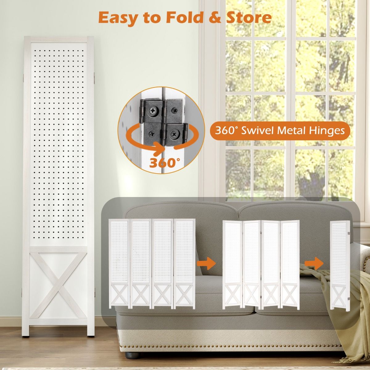 4-Panel Pegboard Room Divider with Solid Wood Frame and Metal Hinges