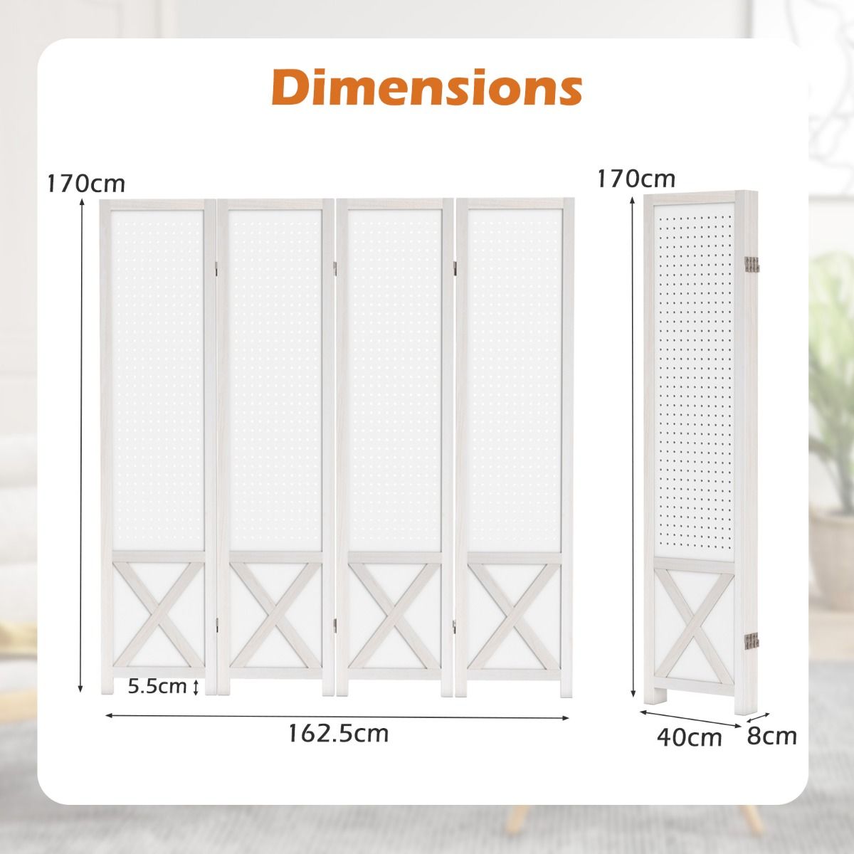 4-Panel Pegboard Room Divider with Solid Wood Frame and Metal Hinges