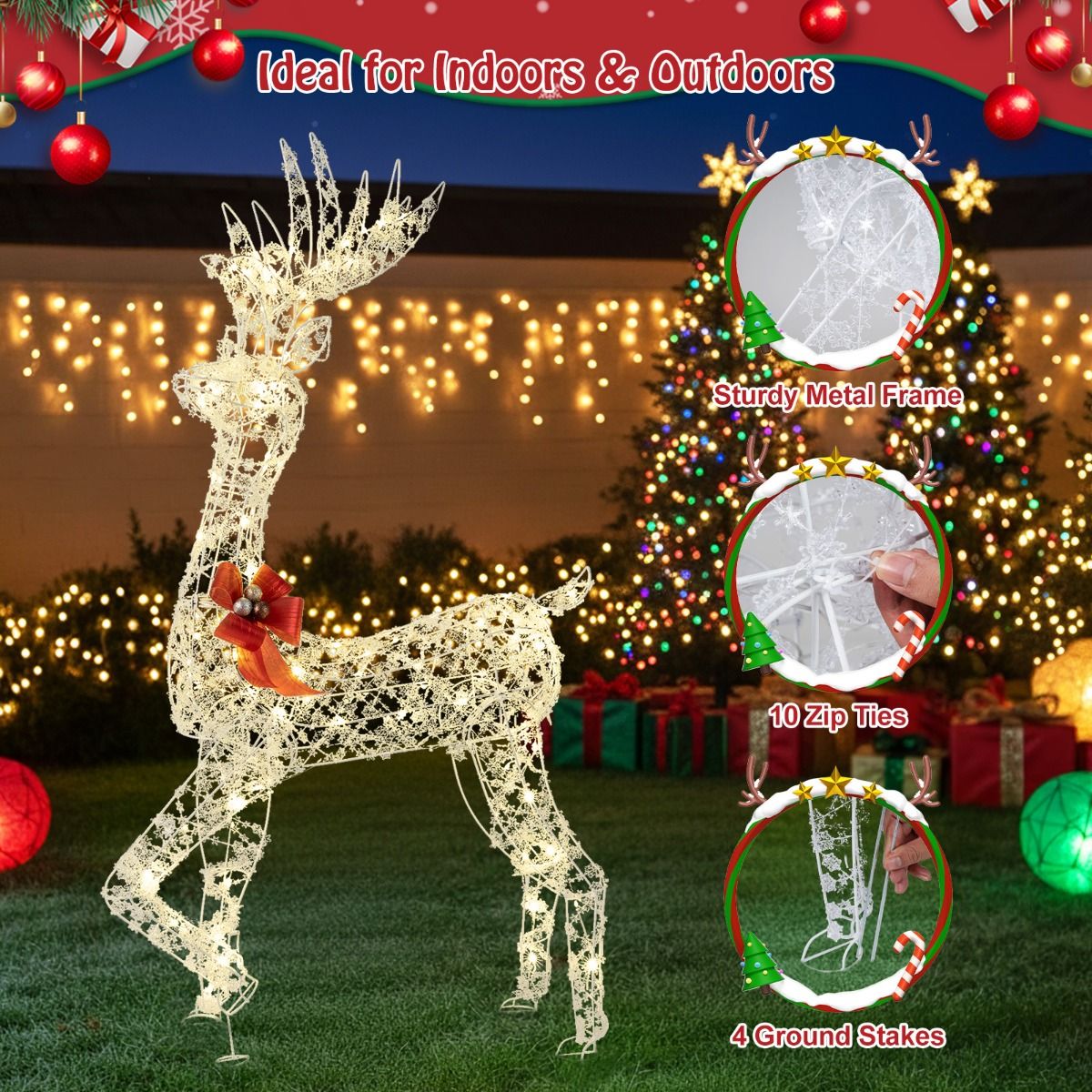 150 CM Pre-Lit Christmas Reindeer with 100 LED Lights for Home