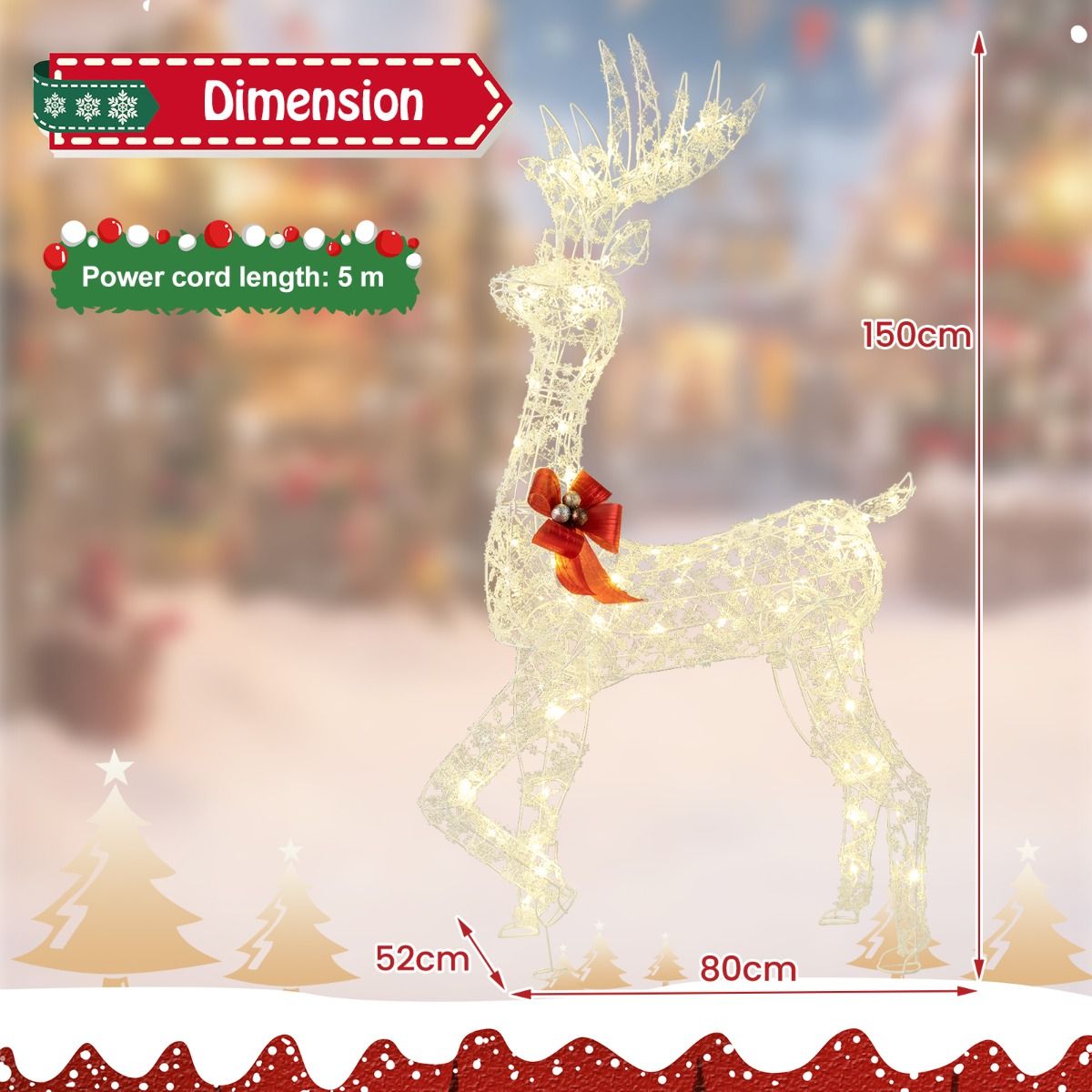 150 CM Pre-Lit Christmas Reindeer with 100 LED Lights for Home