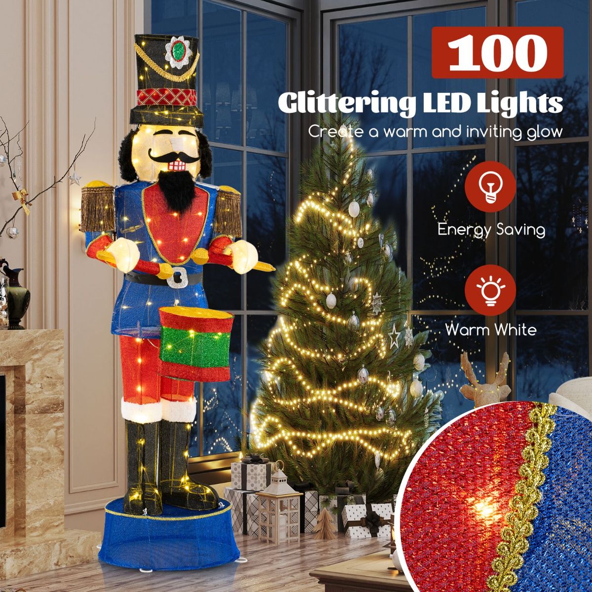185cm Pre-Lit Nutcracker with Ground Stakes and 100 LED Lights
