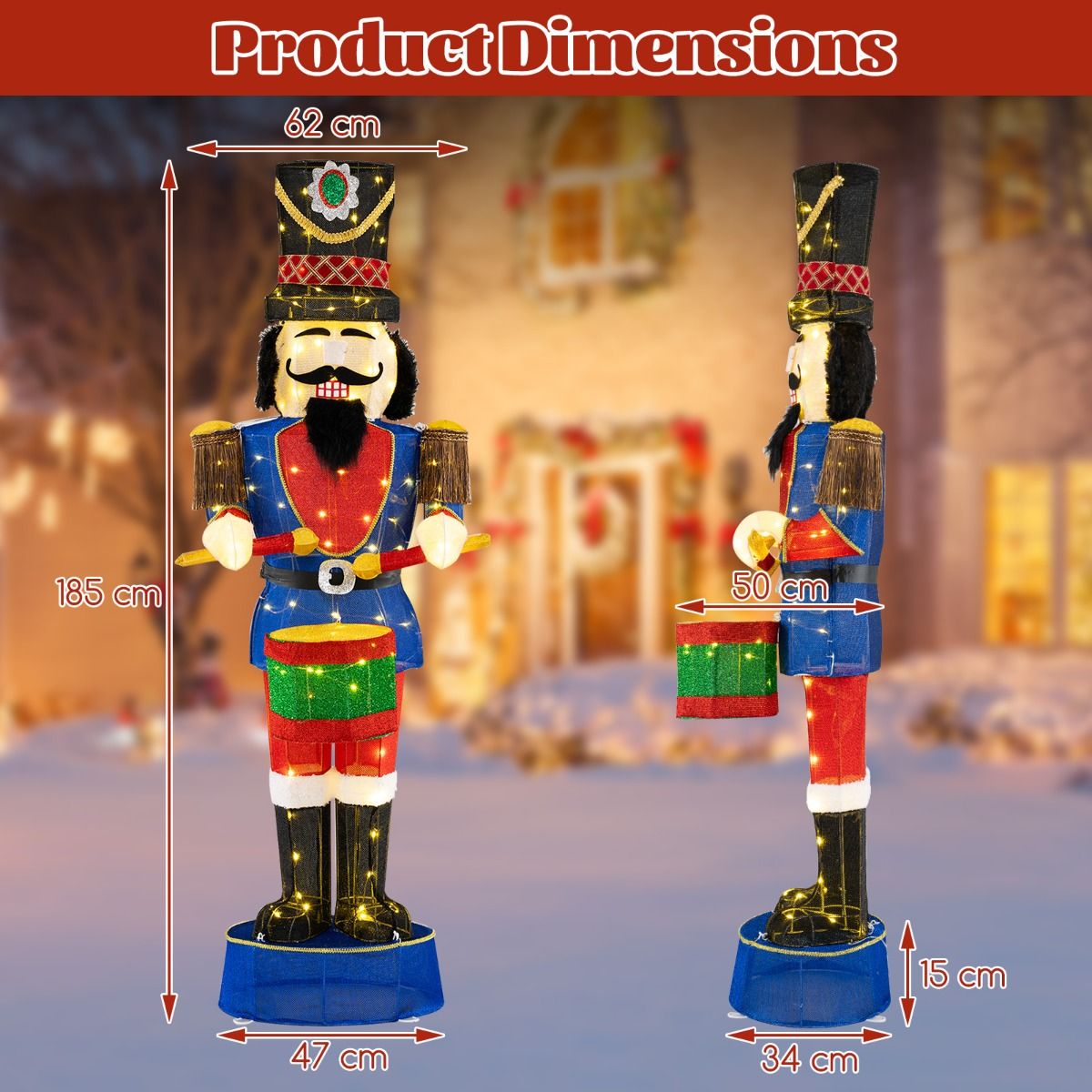 185cm Pre-Lit Nutcracker with Ground Stakes and 100 LED Lights