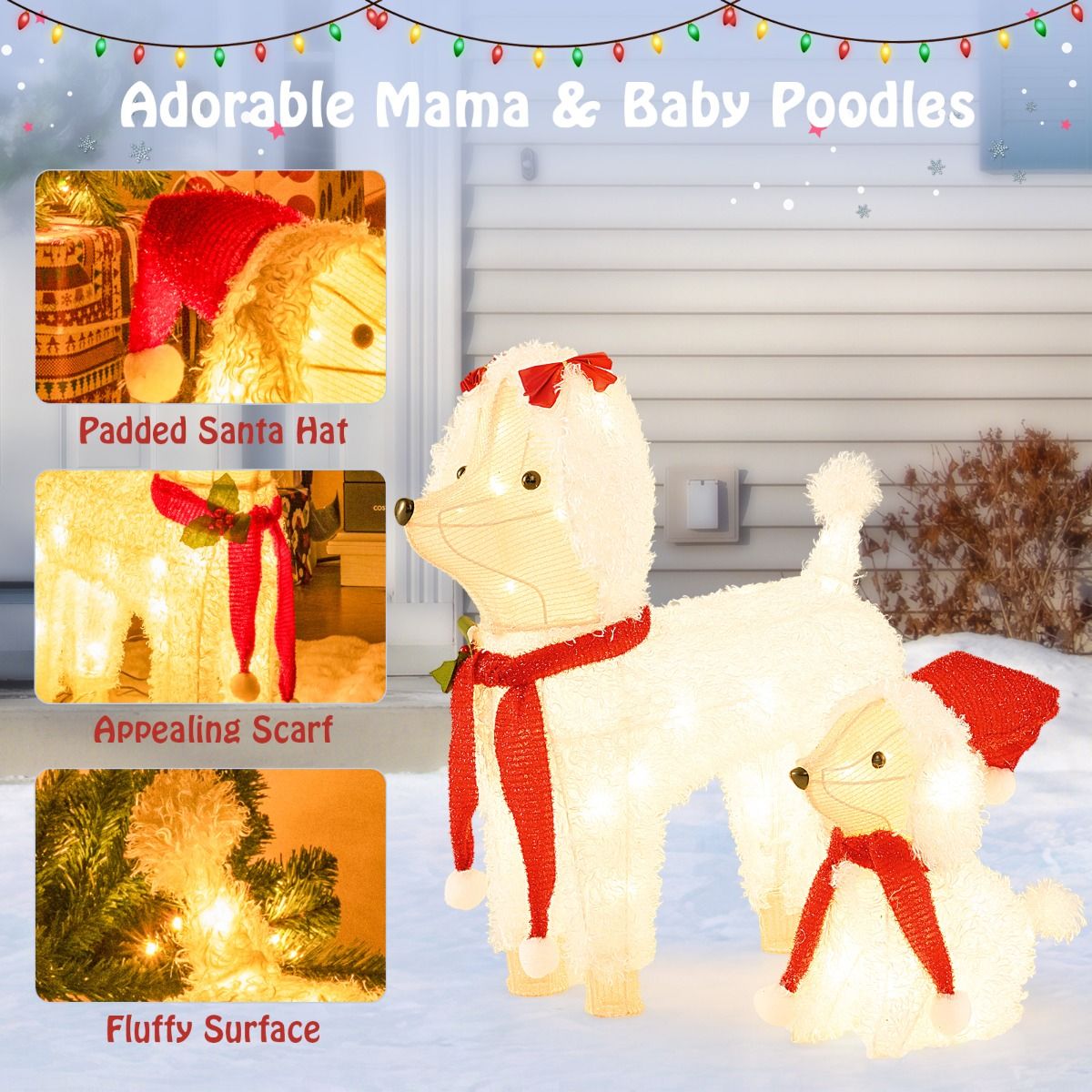 Pre-lit Mama and Baby Poodle Dogs with 60 Warm White LED Lights
