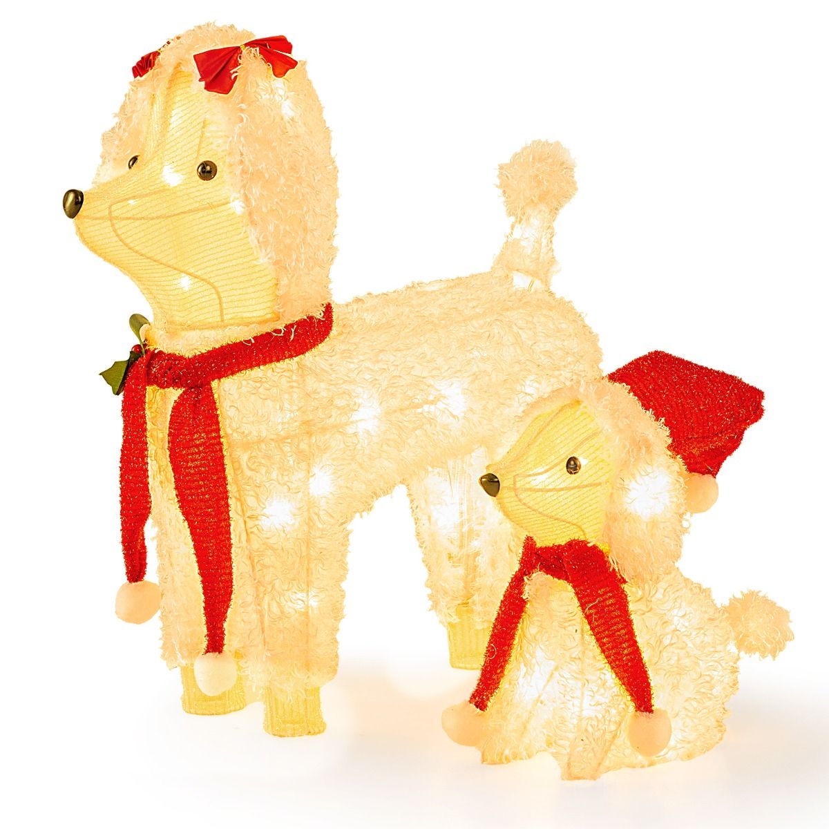 Pre-lit Mama and Baby Poodle Dogs with 60 Warm White LED Lights