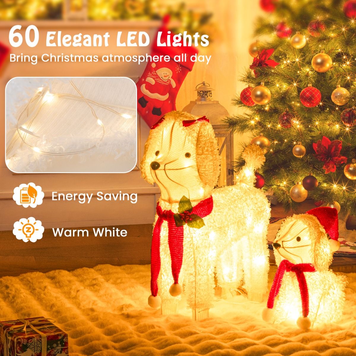 Pre-lit Mama and Baby Poodle Dogs with 60 Warm White LED Lights