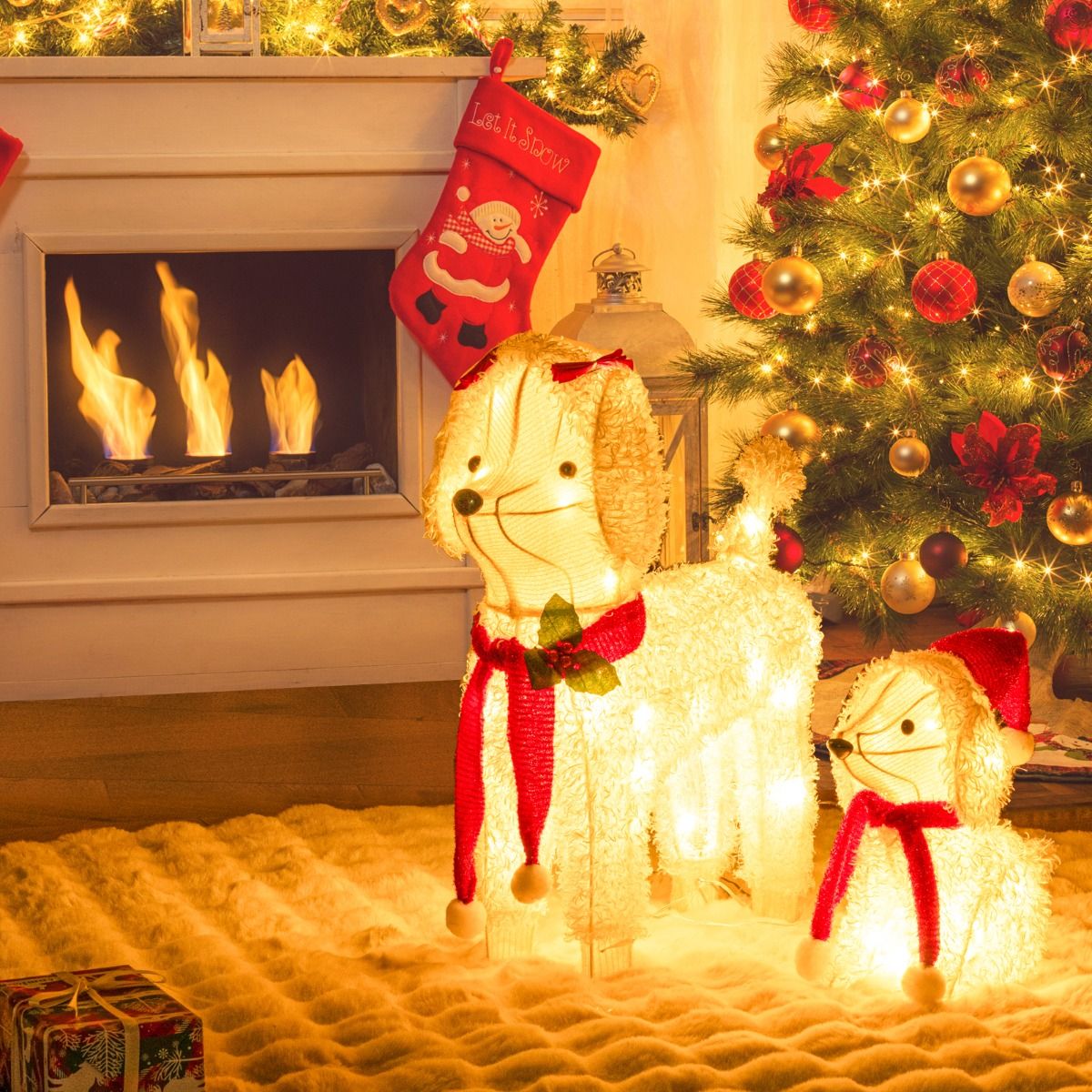 Pre-lit Mama and Baby Poodle Dogs with 60 Warm White LED Lights