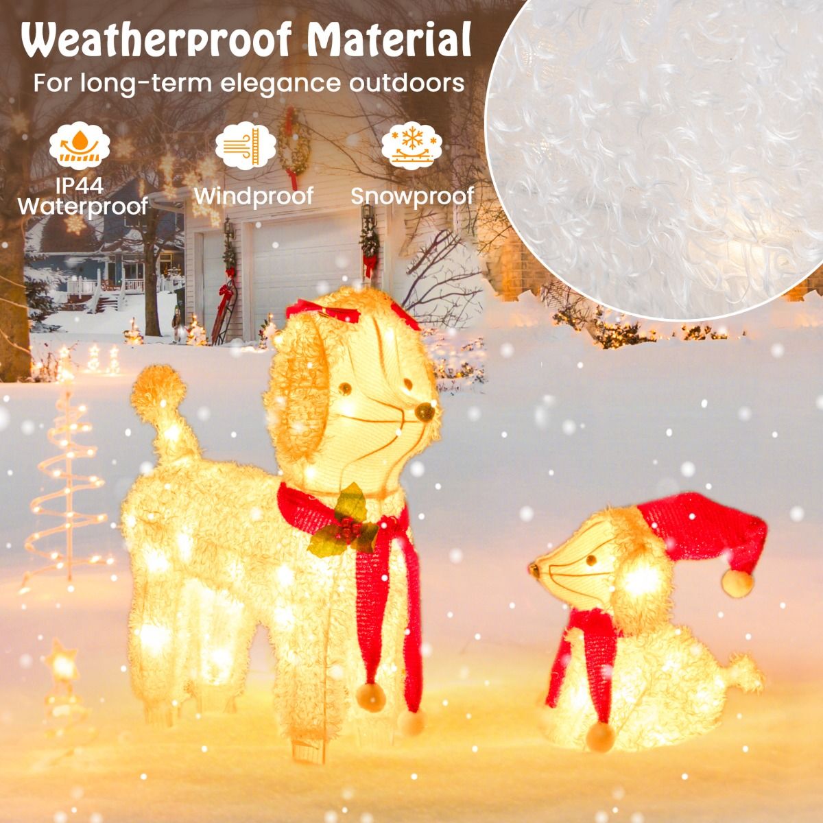 Pre-lit Mama and Baby Poodle Dogs with 60 Warm White LED Lights